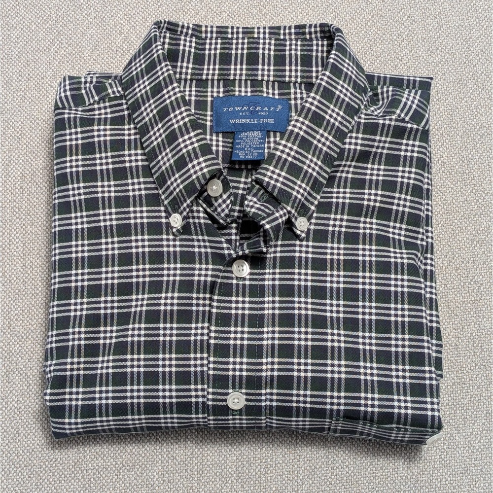TOWNCRAFT Dress Shirt Men's Vintage Green Plaid Large Cotton Blend Wrinkle-Free